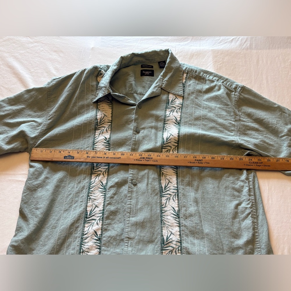 Haggar Washable Linen Blend Short Sleeve Shirt 2XLT Light Sage Tropical Panel - Picture 4 of 6